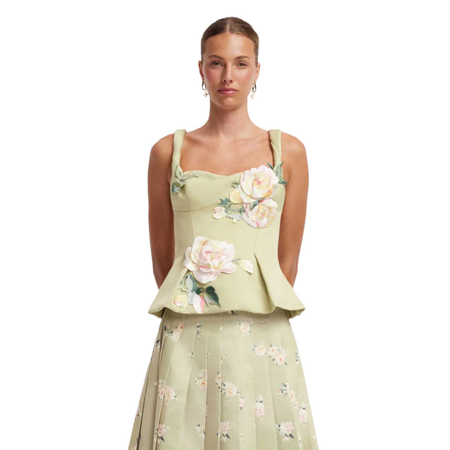 LEO LIN Georgia Embroidered Top - Pistachio Rose Print